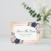 Blush Roze Goud Marine Blauw Bloemen Huwelijk Aankondigingskaart (Staand voorkant)