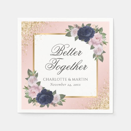 Blush Roze Goud Marine Blauw Bloemen Huwelijk Servet (Voorkant)