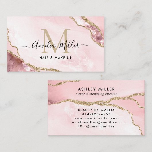 Blush roze goud marmeren agaat haar make-up monogr visitekaartje (Voorkant / Achterkant)