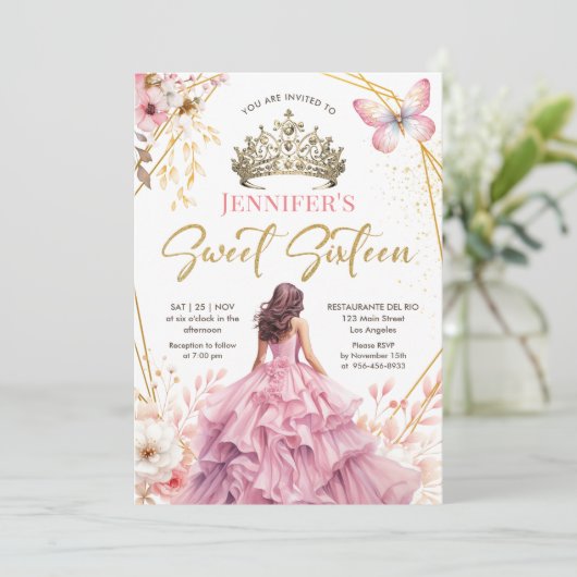 Blush Roze Goud Prinses Tiara Bloemen Zoet 16 Kaart (Staand voorkant)