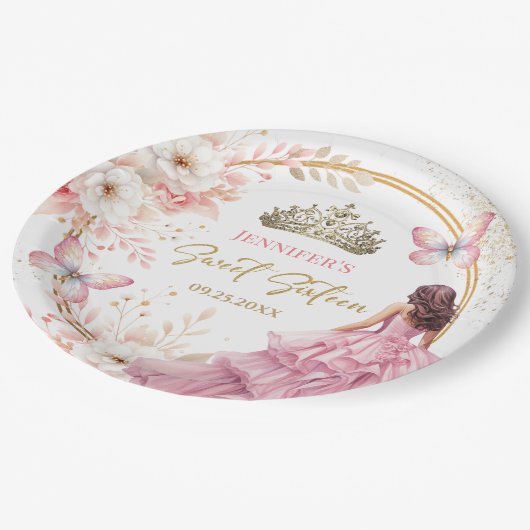 Blush Roze Goud Prinses Tiara Bloemen Zoet 16 Papieren Bordje (Gekanteld)