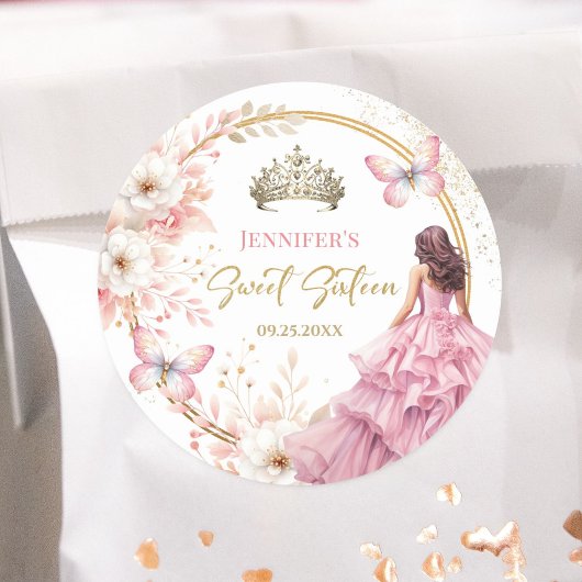 Blush Roze Goud Prinses Tiara Bloemen Zoet 16 Ronde Sticker