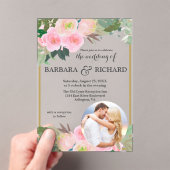 Blush Roze Goud Romantische Bloemen Foto Huwelijk Acryl Uitnodigingen (Insitu (Draagbaar))