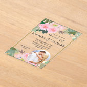 Blush Roze Goud Romantische Bloemen Foto Huwelijk Acryl Uitnodigingen (Laagn)