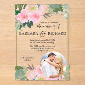 Blush Roze Goud Romantische Bloemen Foto Huwelijk Acryl Uitnodigingen (Voorkant)