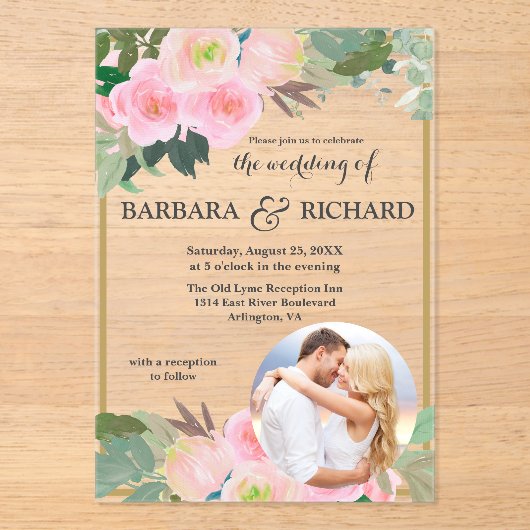 Blush Roze Goud Romantische Bloemen Foto Huwelijk Acryl Uitnodigingen (Voorkant)