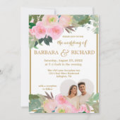Blush Roze Goud Romantische Bloemen Foto QR Bruilo Kaart (Voorkant)