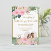 Blush Roze Goud Romantische Bloemen Foto QR Bruilo Kaart (Staand voorkant)