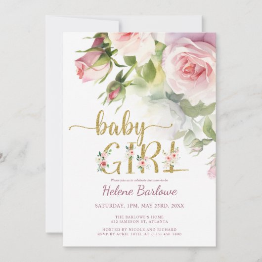 Blush Roze Goud Roos Bloemen Boho Meisje Baby show Kaart (Voorkant)