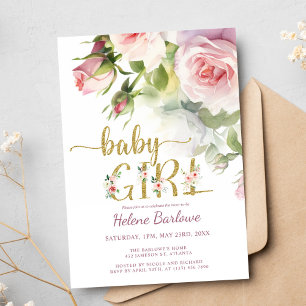 Blush Roze Goud Roos Bloemen Boho Meisje Baby show Kaart