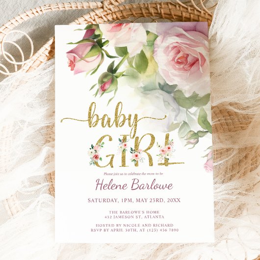 Blush Roze Goud Roos Bloemen Boho Meisje Baby show Kaart