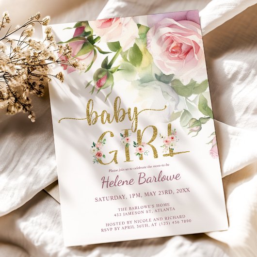 Blush Roze Goud Roos Bloemen Boho Meisje Baby show Kaart