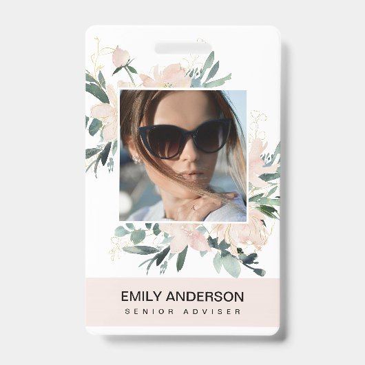 BLUSH ROZE GOUD ROOS FLORALE FOTO LOGO IDENTITEIT BADGE (Voorzijde)