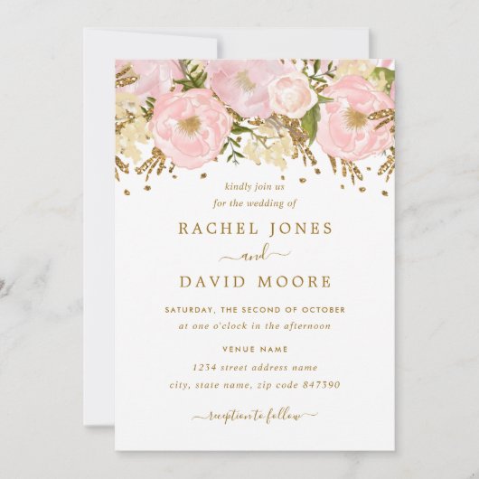 Blush Roze Goud Rustieke Bloemen Huwelijksuitnodig Kaart (Voorkant)