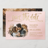 Blush Roze Goud Script Bruiloft 2 Foto Save The Date (Voorkant / Achterkant)