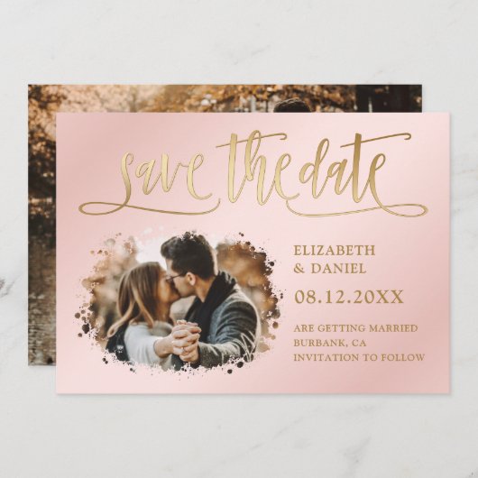 Blush Roze Goud Script Bruiloft 2 Foto Save The Date (Voorkant / Achterkant)