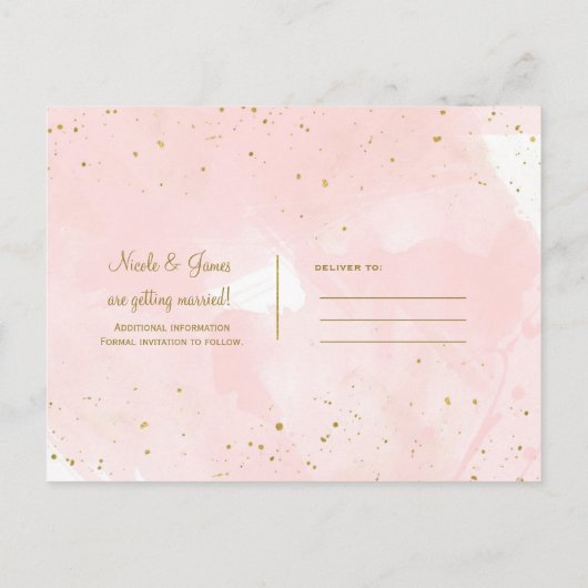 Blush Roze & Goud Spatten Modern Bewaar de Datum Aankondigingskaart (Achterkant)