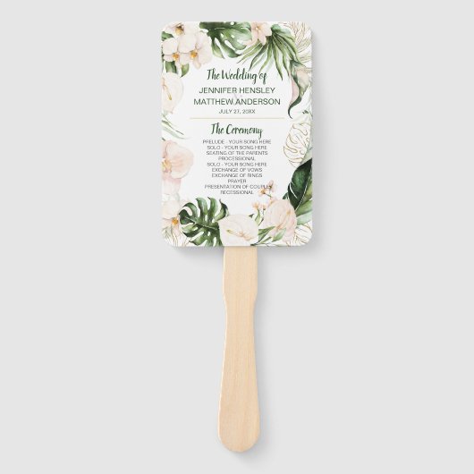 Blush Roze Goud Tropisch Groen Huwelijksceremonie Handwaaier (Voorkant)