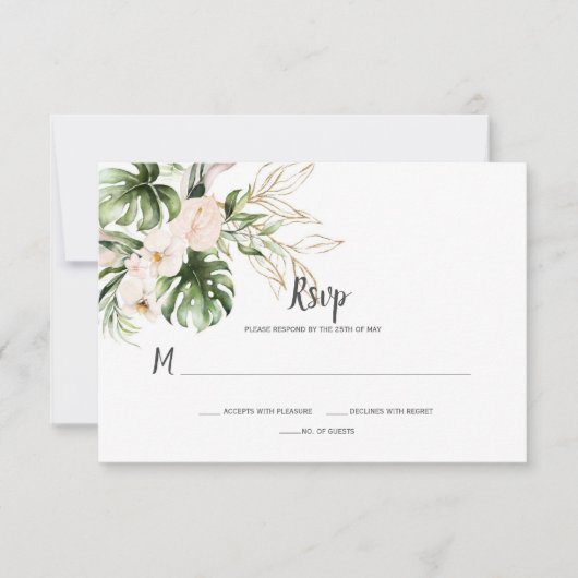 Blush Roze Goud Tropische Waterverf Bloemen Bruilo RSVP Kaartje (Voorkant)
