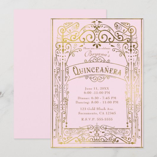 Blush roze goud Victoriaans Deco Quinceañera Kaart (Voorkant / Achterkant)