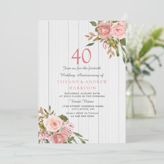 Blush Roze Goud Wit 40ste Huwelijksjubileum Kaart (Staand voorkant)