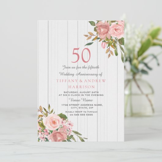 Blush Roze Goud Wit 50ste Huwelijksjubileum Kaart (Staand voorkant)