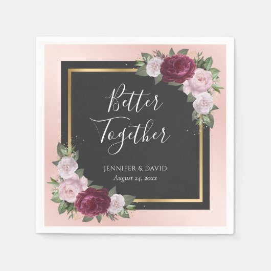 Blush Roze Goud Zwart Bourgondië Bloemen Bruiloft Servet (Voorkant)