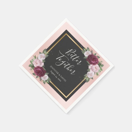 Blush Roze Goud Zwart Bourgondië Bloemen Bruiloft Servet (Hoek)