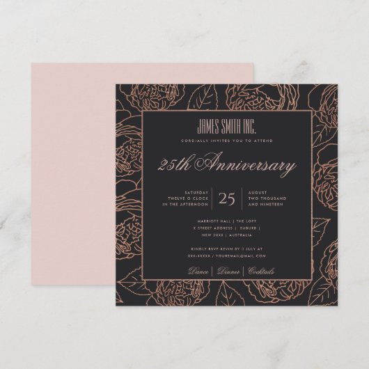 BLUSH ROZE GOUD ZWARTE BLOEMEN FORMALITEIT PARTY E KAART (Voorkant / Achterkant)