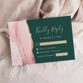 Blush roze gouden agaat smaragdgroene bruiloft RSVP kaartje