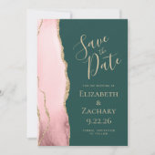 Blush roze gouden agaat smaragdgroene bruiloft save the date (Voorkant)