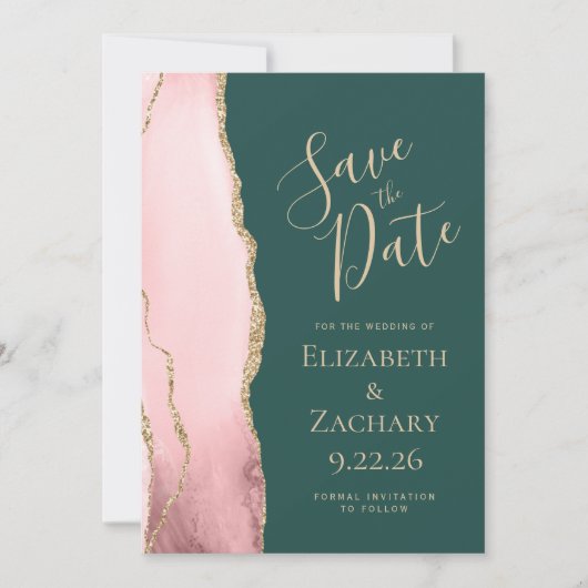 Blush roze gouden agaat smaragdgroene bruiloft save the date (Voorkant)