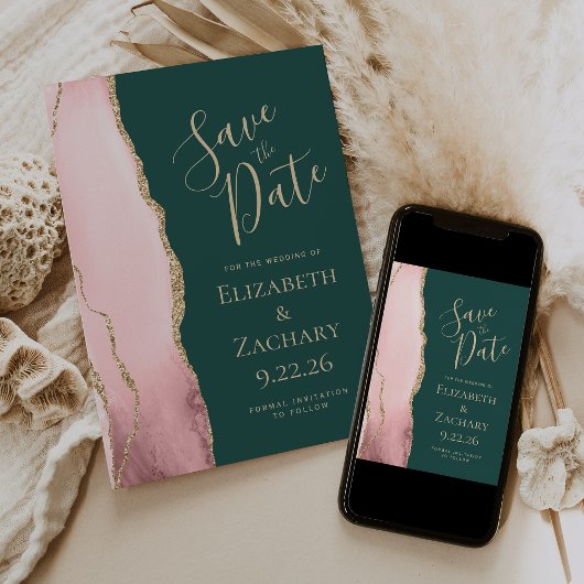 Blush roze gouden agaat smaragdgroene bruiloft save the date