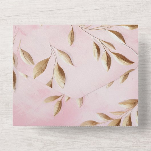 Blush roze gouden bladeren bruiloft all in one uitnodiging (Achterkant)