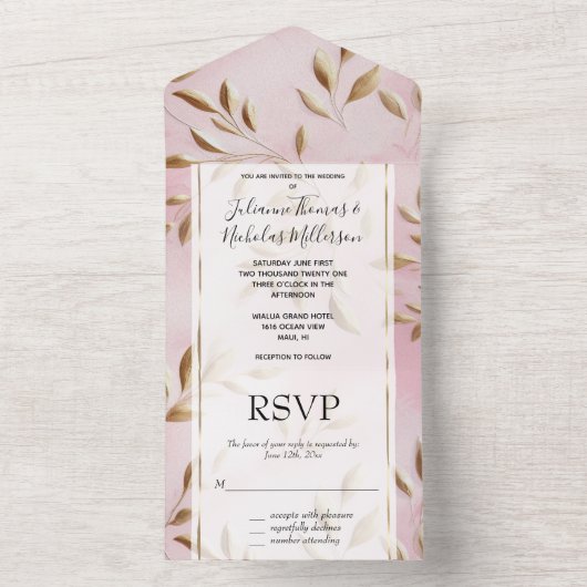 Blush roze gouden bladeren bruiloft all in one uitnodiging (Binnen)