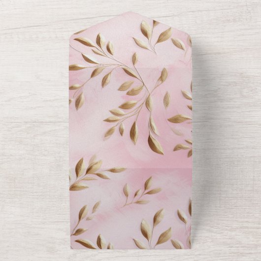 Blush roze gouden bladeren bruiloft all in one uitnodiging (Buitenkant)
