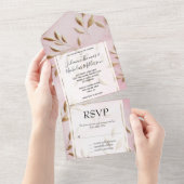 Blush roze gouden bladeren bruiloft all in one uitnodiging (Afscheurbaar)