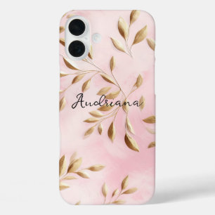Blush roze gouden bladeren bruiloft iPhone 16 plus hoesje