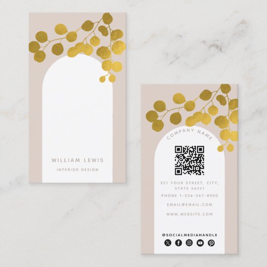 Blush roze gouden bladeren Moderne Arch QR-code Visitekaartje (Voorkant / Achterkant)