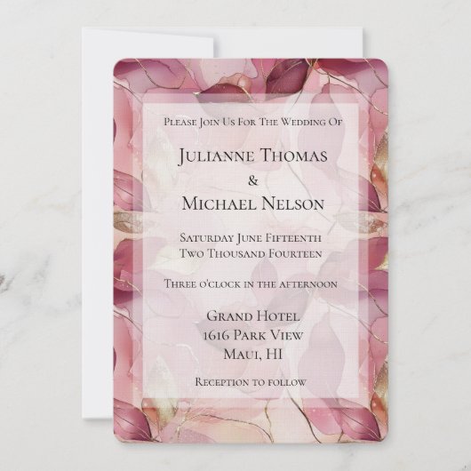 Blush roze gouden bladeren romantische bruiloft kaart (Voorkant)