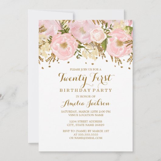 Blush Roze Gouden Bloem 21e Verjaardag Kaart (Voorkant)