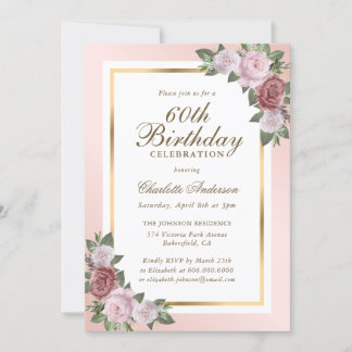 Blush roze gouden bloem 60e verjaardag kaart