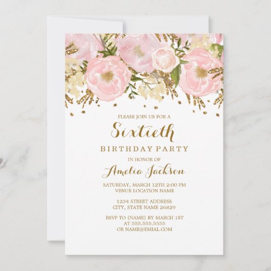  Blush Roze Gouden Bloem 60ste Verjaardag Kaart (Voorkant)