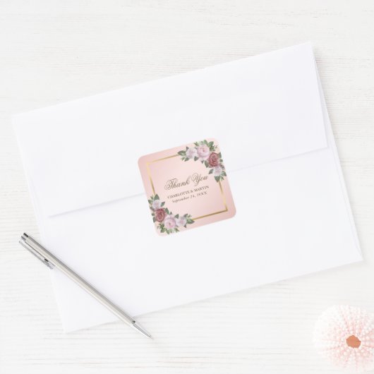 Blush roze gouden bloem Dank u Sticker (Envelop)