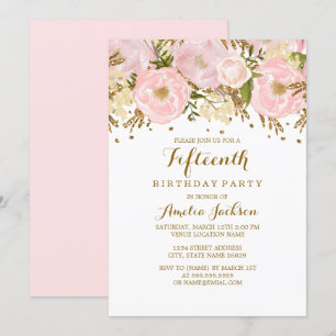 Blush Roze Gouden Bloemen 15e Verjaardag Kaart