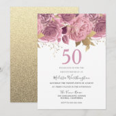 Blush Roze Gouden Bloemen 50ste Verjaardagsfeest Kaart (Voorkant / Achterkant)