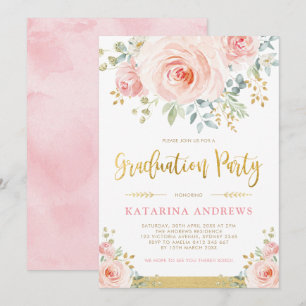  Blush Roze Gouden Bloemen Afstudeerfeest Kaart