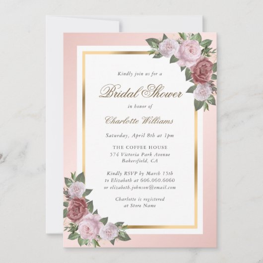 Blush roze gouden bloemen bruids douche uitnodigin kaart (Voorkant)