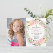 Blush roze gouden bloemen Eerste Heilige Communie  Kaart (Staand voorkant)