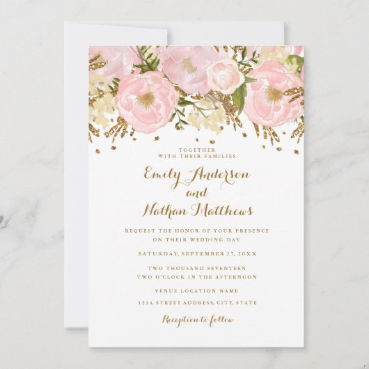  Blush Roze Gouden Bloemen Huwelijksuitnodiging Kaart (Voorkant)